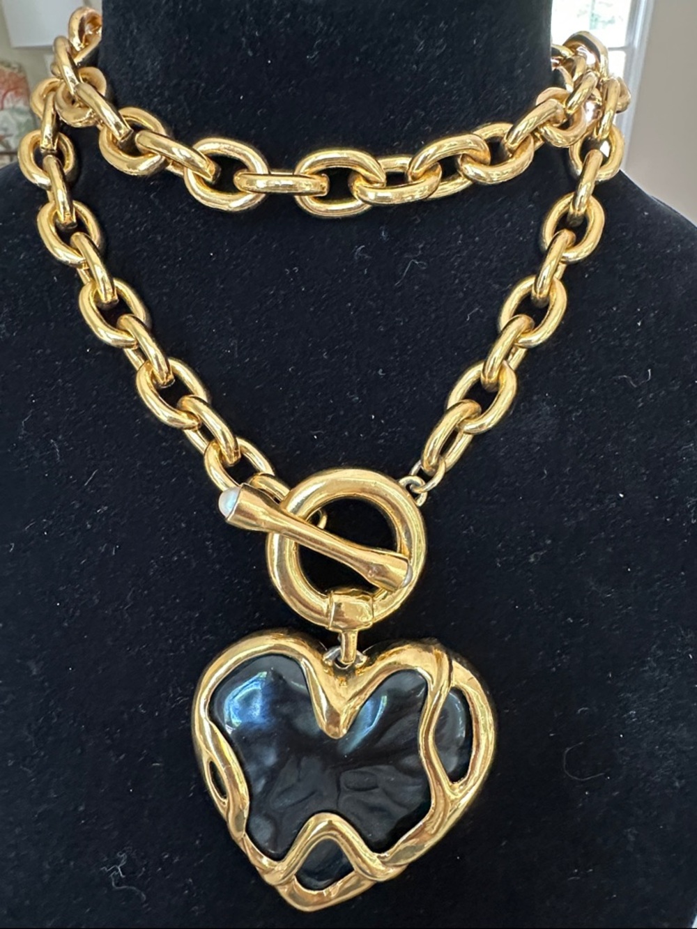 Carlisle Gold-Tone Link Toggle Necklace with Black Heart Pendant